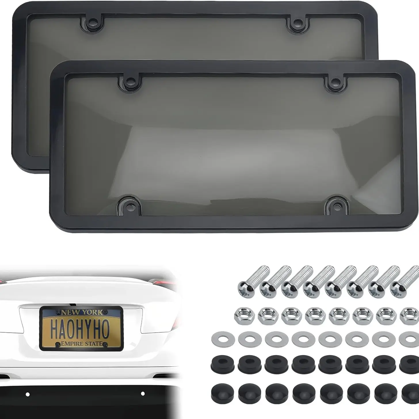 2Pcs Clear License Plate Covers and Frames, Car Plate Frame with Screws Screw Caps Washers, Rust-Proof Auto LicensePlate Holder, Universal License Protector for Standard Plates