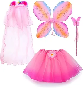 Pink Fairy Costume Set, includes wings, a tutu skirt, a magic wand, and a veil, suitable as a birthday or holiday gift for girls aged 3 and above.