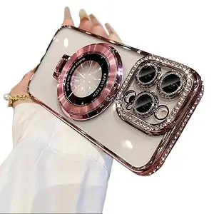 Luxury Magnetic Glitter Phone Case with Foldable Holder for iPhone 11 12 13 14 15 16 Pro Max/Plus, Shockproof Soft Protector Cover