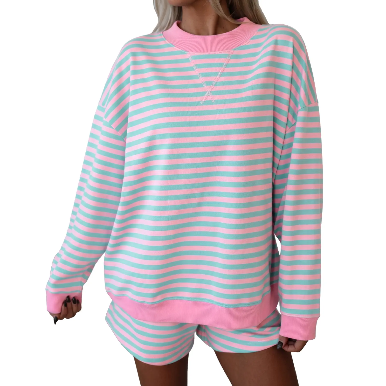 Asvivid Women's 2-Piece Striped Loungewear Set - Longsleeves Crew Neck Breathable Comfortable Loose Pullover, High Waist Soft Cotton Stretch Style Shorts With Pockets For Daily Wear sohochic