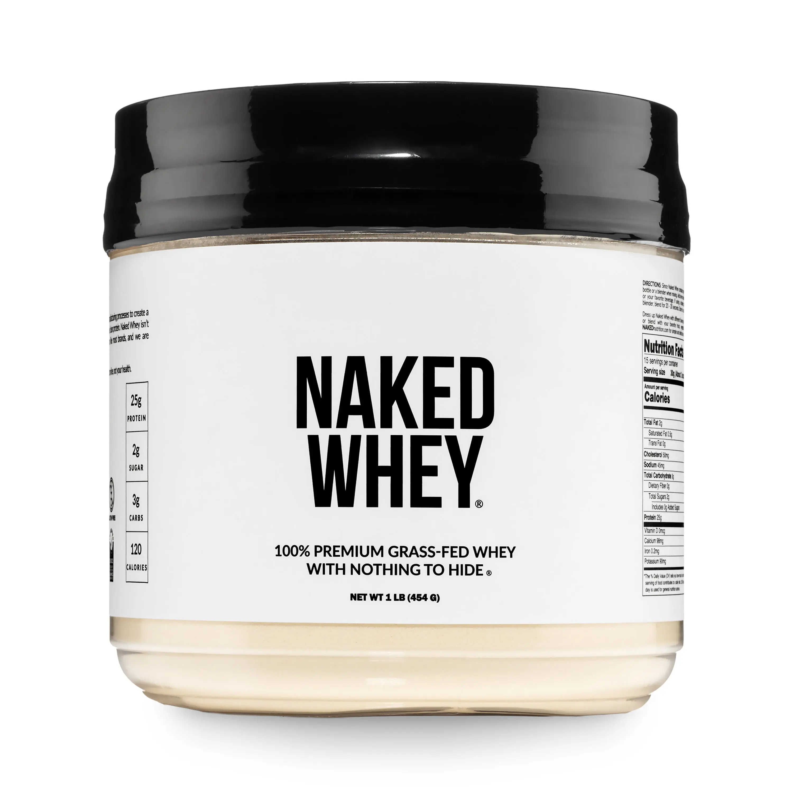 Naked Whey Unflavored - 100% Premium Grass Fed Whey Protein Powder - 1LB Grass-Fed, Non-GMO, No Additives, 25g Protein, 5.9g BCAAs - Only 1 Ingredients