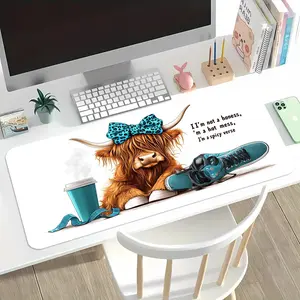 1pc Large Highland Cow Gaming Mouse Pad & Desk - Cute Scottish Cow Design, Non-Slip Rubber Base & Cloth Surface, Ultra-Smooth Oval Computer Pad for PC, Laptop, Office & Computer Setup - Compatible with Wrist Rests & Notebooks