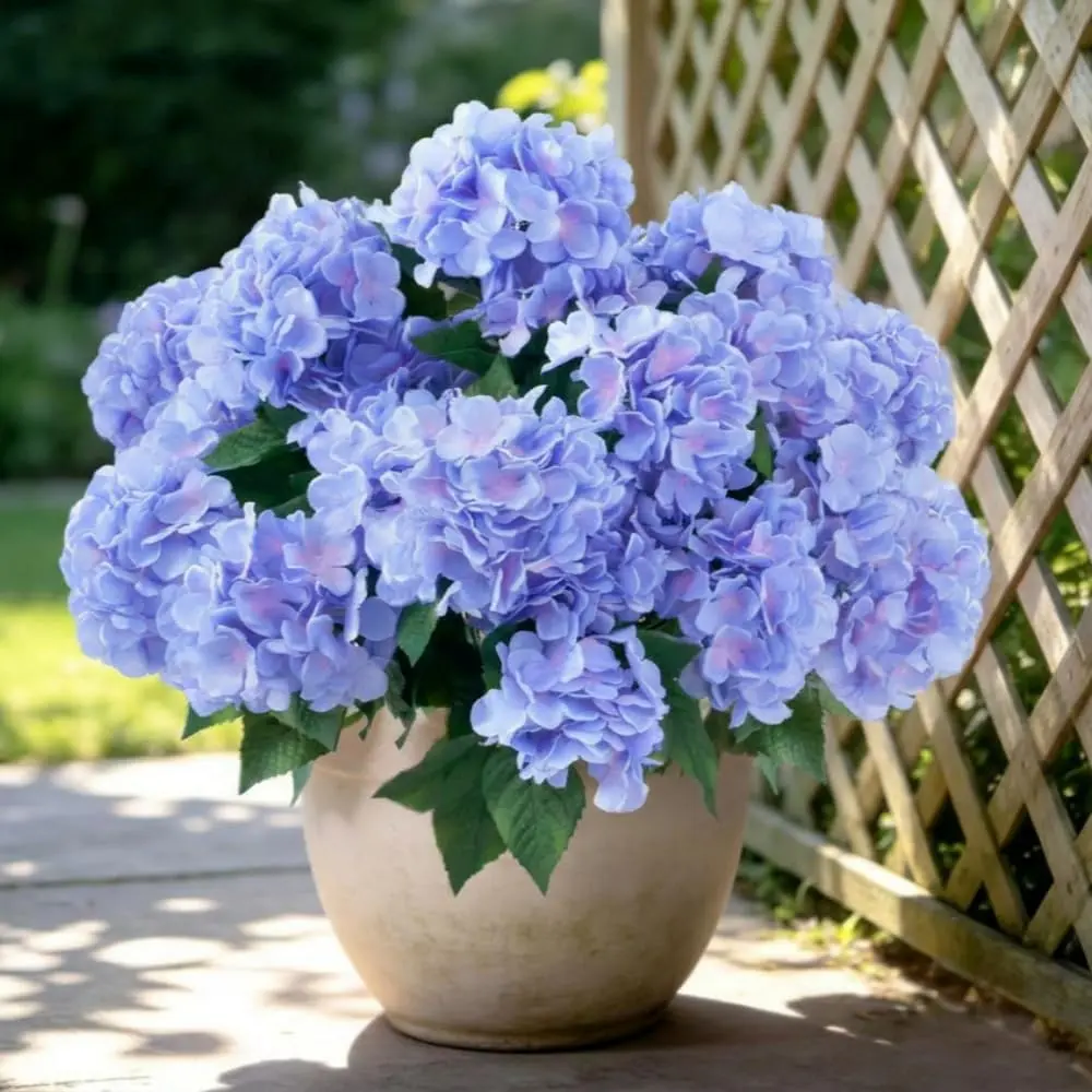 Sousi Traditional Silk Plastic Artificial Hydrangea Bushes, 4 Bundles UV-Resistant for Front Porch Wedding Decor, Indoor Home Vase or Outdoor Garden Accents (Blue), Gift