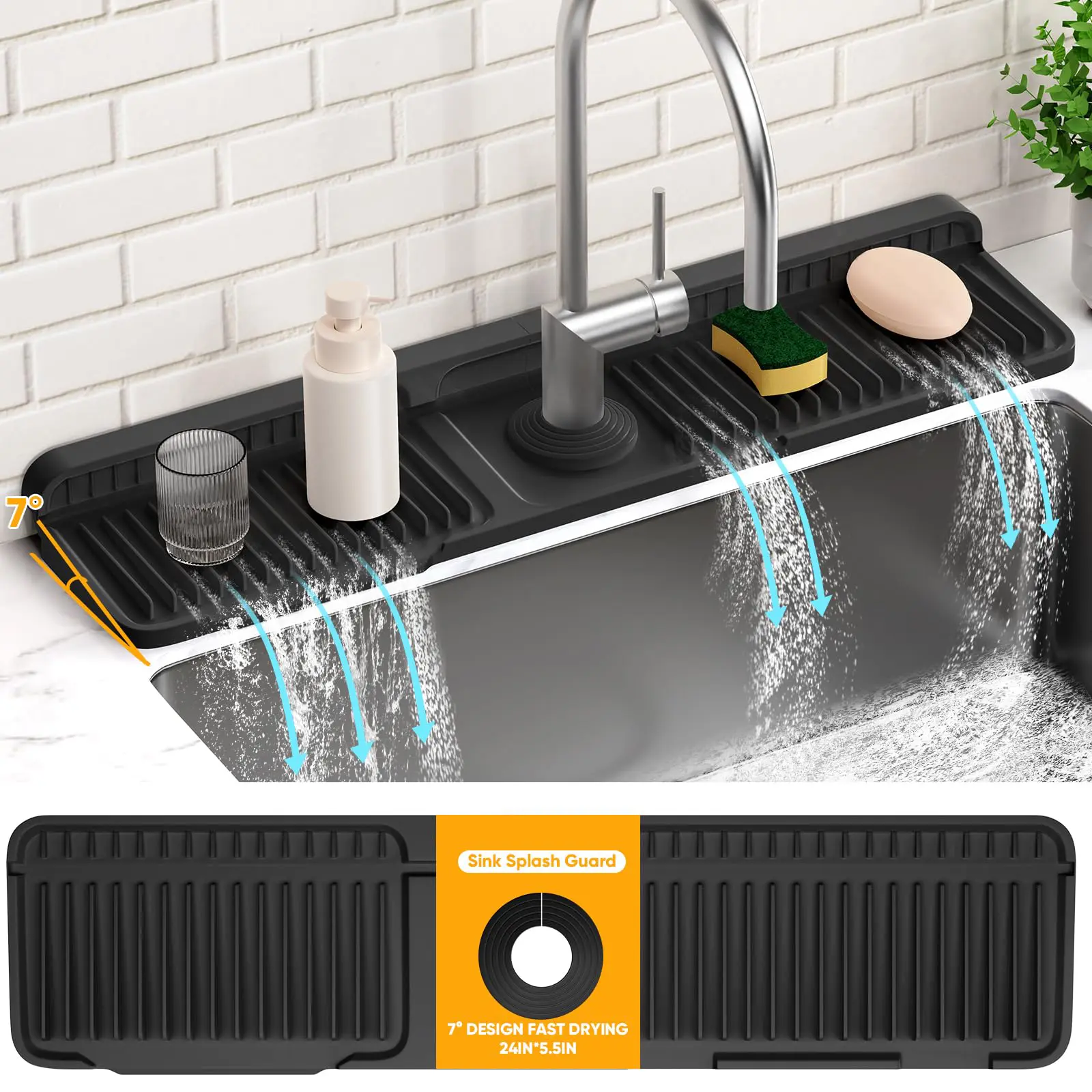24'' Longer Faucet Mat for Kitchen Sink Splash Guard[7° Slope Fast Self-draining][Snap Lock Fit]Kitchen Sink Faucet Mat Splash Guard Kitchen Sink Area Water Splash Guard Behind Faucet Draining Mat