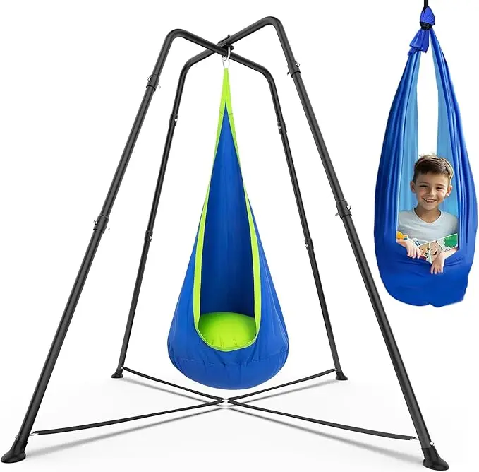 Heavy Duty Steel Frame Kids’ Swing Stand with Hanging Chair & Sensory Pod Swing, Weatherproof Indoor/Outdoor Leisure Therapy Equipment for ADHD Kids’ Development, After School Relaxation & Deep Pressure Support, Children Development, Cocoon‑Like Swing