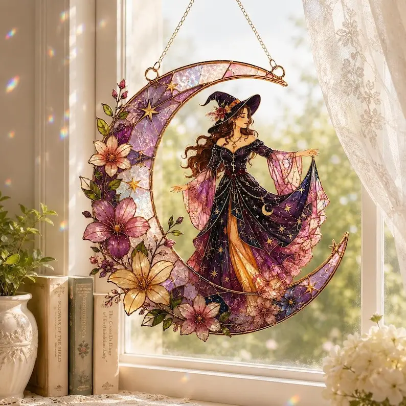 Stevie Nicks Suncatcher, Fleetwood Mac Window Hanging, Witchy Moon Acrylic Suncatcher, Faux Stained Glass Art, Rock Fan Gift for Her