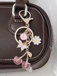 Pink-Gold Girly Cherry Butterfly Keychain, Sweet-Style Alphabet Pendant, Pink-Gold Color Keychain Featuring Cherries, Butterflies, And Daisies, Paired With A Letter Charm. Can Be Used As A Bag Or Key Accessory, Suitable For Daily Outings And Dates.