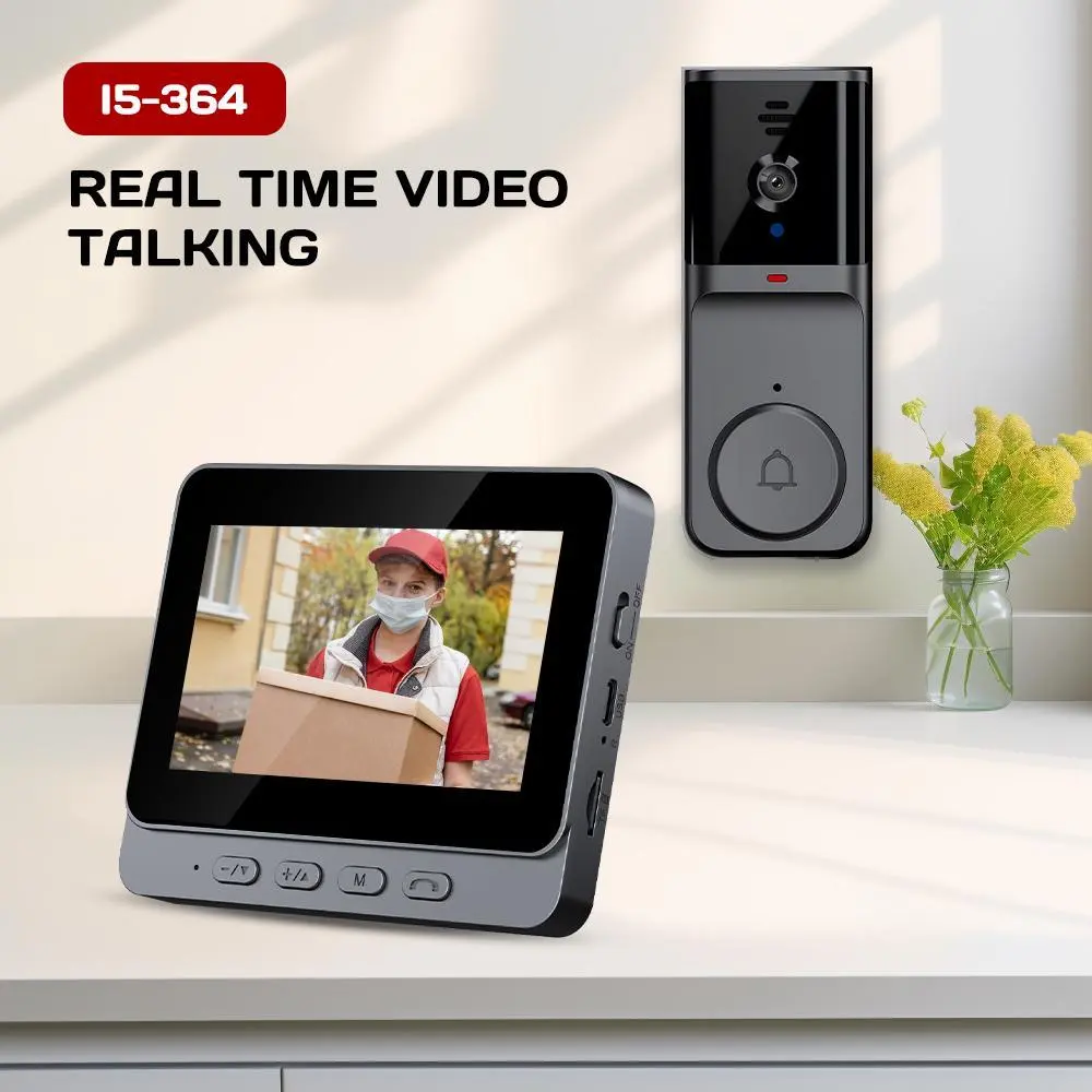 Wireless Home Security Doorbell Camera with Ring Chime, 2.4G Module, 4.3-inch Display, PIR Motion Alerts, HD 6 IR Night Vision, Live View, 2-Way Intercom, 2-Way Talk Audio, Cloud & SD Card Storage, Dual Alarm, 11.7cm×9.5cm×1.7cm, 800mAh, DC Power Supply
