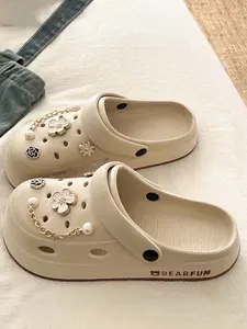 Women's Floral Chain Platform Clogs - Thick Sole EVA, Cute Decor Breathable Sandals for Beach & Daily Wear Slipper Flatform