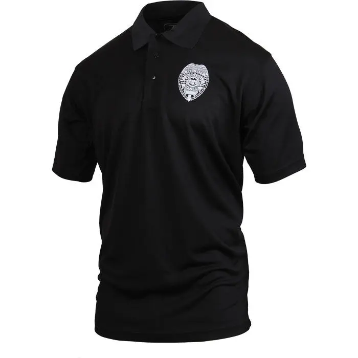 Men's Collared Polyester Uniform Polo Top, Black Moisture-Wicking Security Shirt with Badge, Menswear, Badge Print, Button