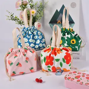 Japanese Bento Bag,Strawberry/Flowers Drawstring Lunch Tote,Handbag For Kids,Cute Snack Bag,Back to School
