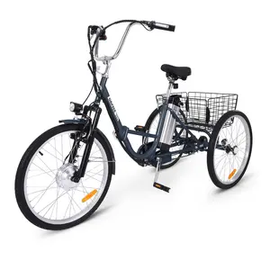 GARVEE 7-Speed Folding Electric Tricycle for Adults, 26-Inch 3-Wheel Motorized Bicycle with 36V 10Ah Removable Battery, 250W Motor, Large Basket, Gray, 330 lbs Capacity