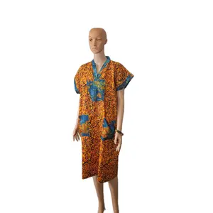 Women's Short-Sleeve Orange and Blue Batwing Ankara Casual Dress - 1-Piece High-Quality West African Fabric Lady's Casual Wear - Eye-Catching Statement Colors - Ideal for Warm Weather - Women's Clothes
