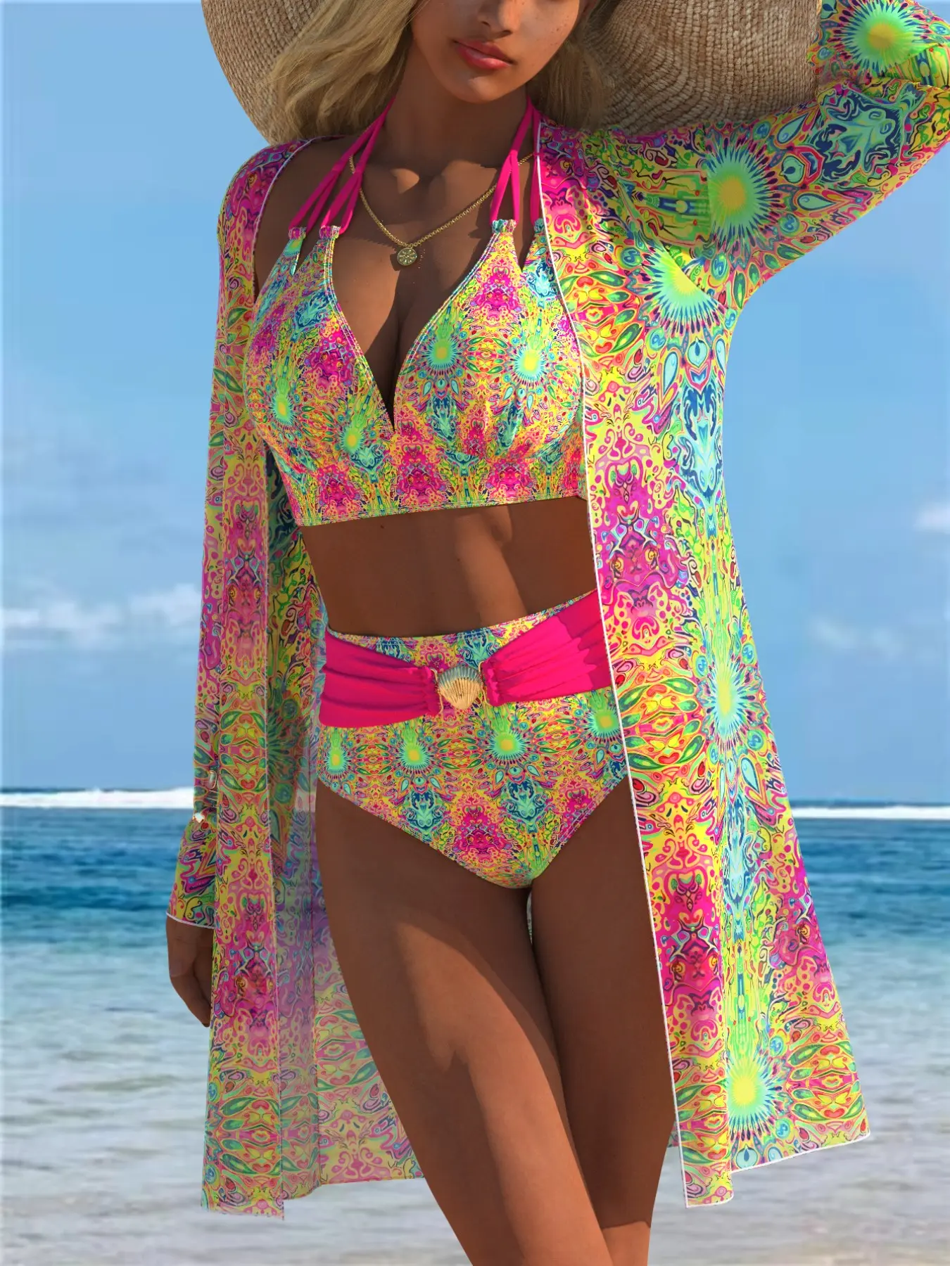 New European and American Women's Sexy Fashion Three-Piece Set, Sun Protection, Long Sleeve Mesh Print, Classic Split Triangle Bikini, Beach Poolwear, Printed Bikini