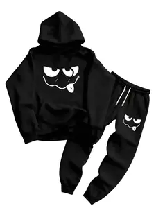 Men's fashion hoodie and pants set with American street smiley face print, stylish casual design, slight stretch and detailed pockets, black long-sleeve pants