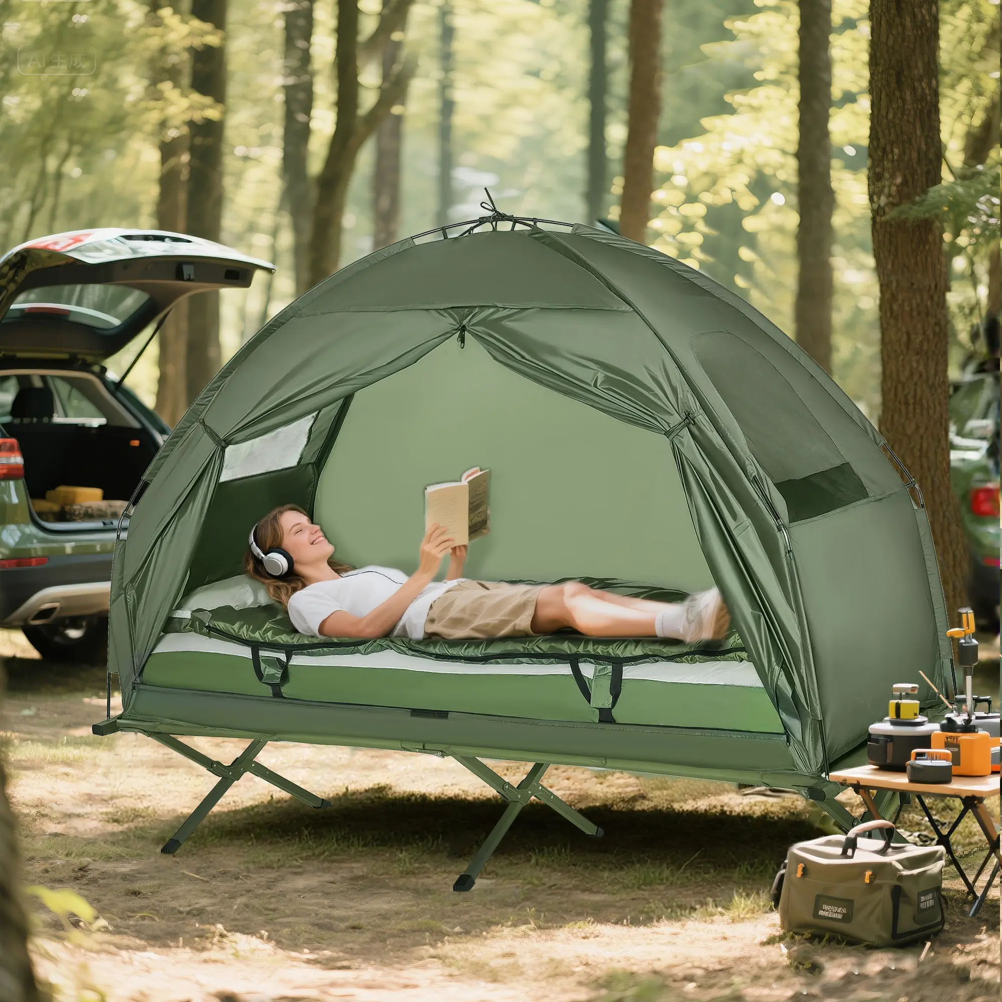 Multifunctional folding camping tent cot set includes tent, sleeping bag, thick air mattress, foot pump and carry bag. Suitable for camping, hiking, RV trips, picnics, wilderness, backyard and overnight rest on terrace