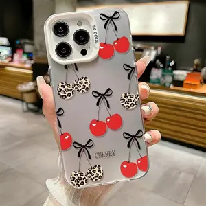 Cute Cherry Leopard-Print Pattern Shockproof Phone Case for iPhone 7 8 8plus X Xsmax 11 12 13 14 15 16Pro Max 16 Plus Stylish Trendy Cover girl gift