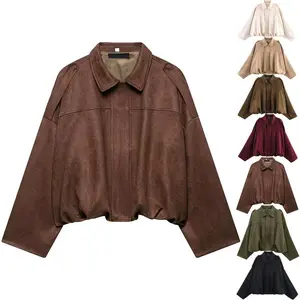 Women’s suede bomber jacket for autumn/winter, lapel aviator style, casual oversized fit, long sleeves, zip closure—fashionable streetwear jacket with a soft, luxurious look and a classic, twisted design by GARMENTARY