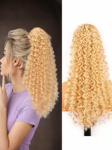 20 inch Ponytail Extension Drawstring Ponytail for Women Short Wavy Curly Ponytails Fluffy Natural Looking Pony Tails Hair Extensions Synthetic Hairpiece (color:27-613)