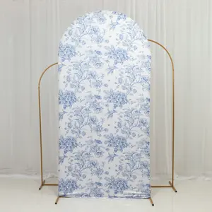 Spandex Fitted Chiara Backdrop Cover – French Toile Floral in Blue & White, Round Top Wedding Arch Slipcover 7ft