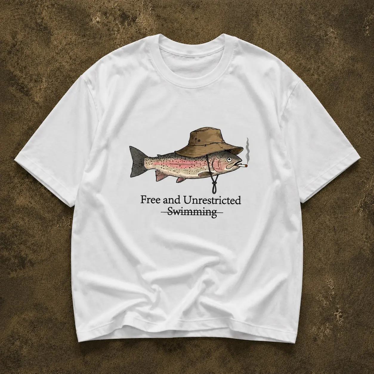 Heavyweight Cotton Funny Fishing Graphic T-Shirt, Oversized Retro Trout Fish Smoking Art Tee, Premium Thick White Cotton Gorpcore Outdoor Summer Tops Casual Shirt