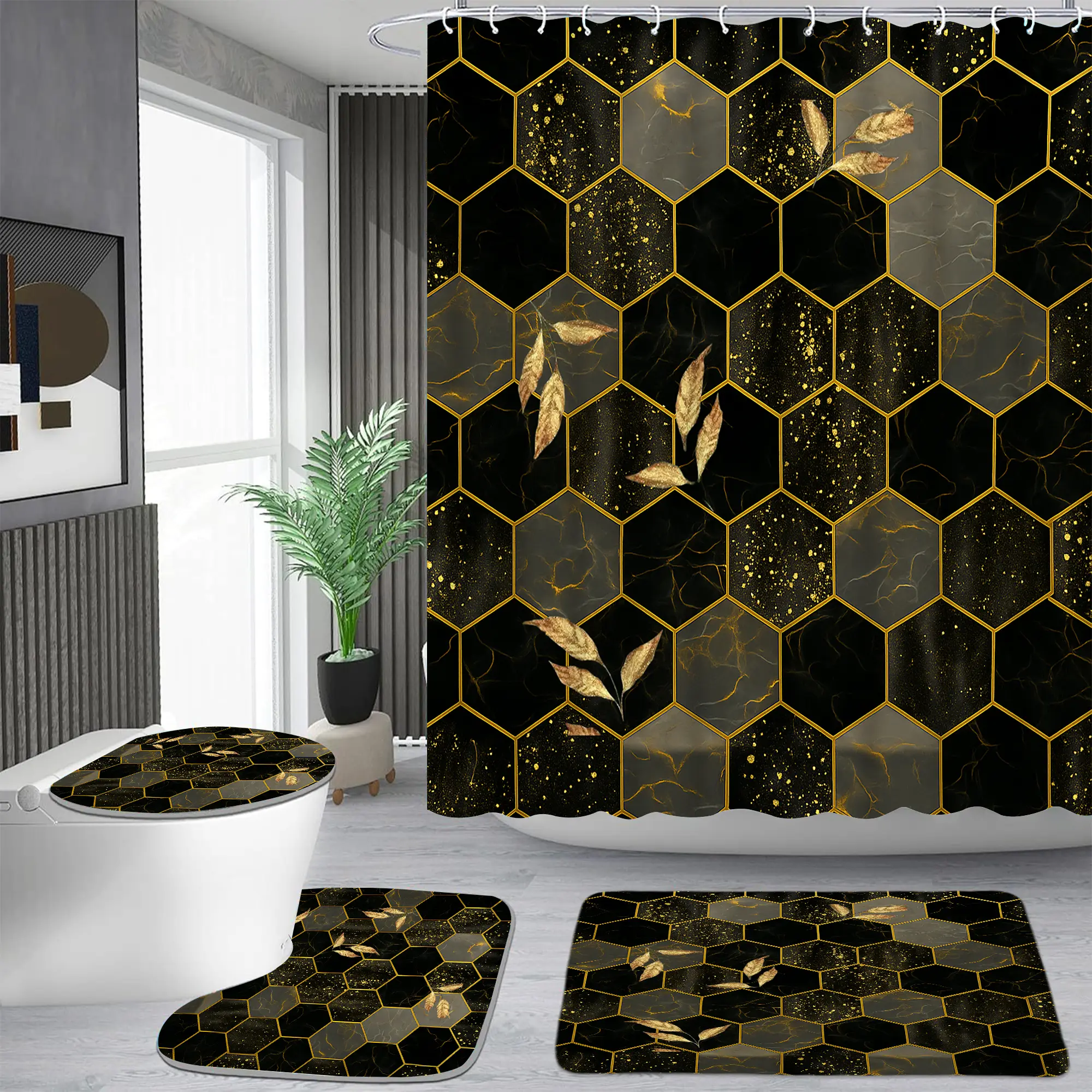 Geometric hexagonal black gold pattern shower curtain set, waterproof shower curtain with 12 hooks, non-slip bathroom carpet, toilet U-shaped cushion, toilet seat cover cushion, bathroom shower curtain set, perfect moving gift.