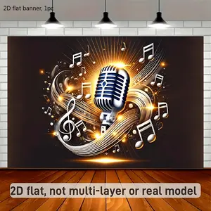 2D flat banner, 1 piece, shiny golden sheet music and microphone polyester fabric wall covering, suitable for background fabric for living rooms, bedrooms, offices and outdoor decorations. Perfect for hosting parties. kdj