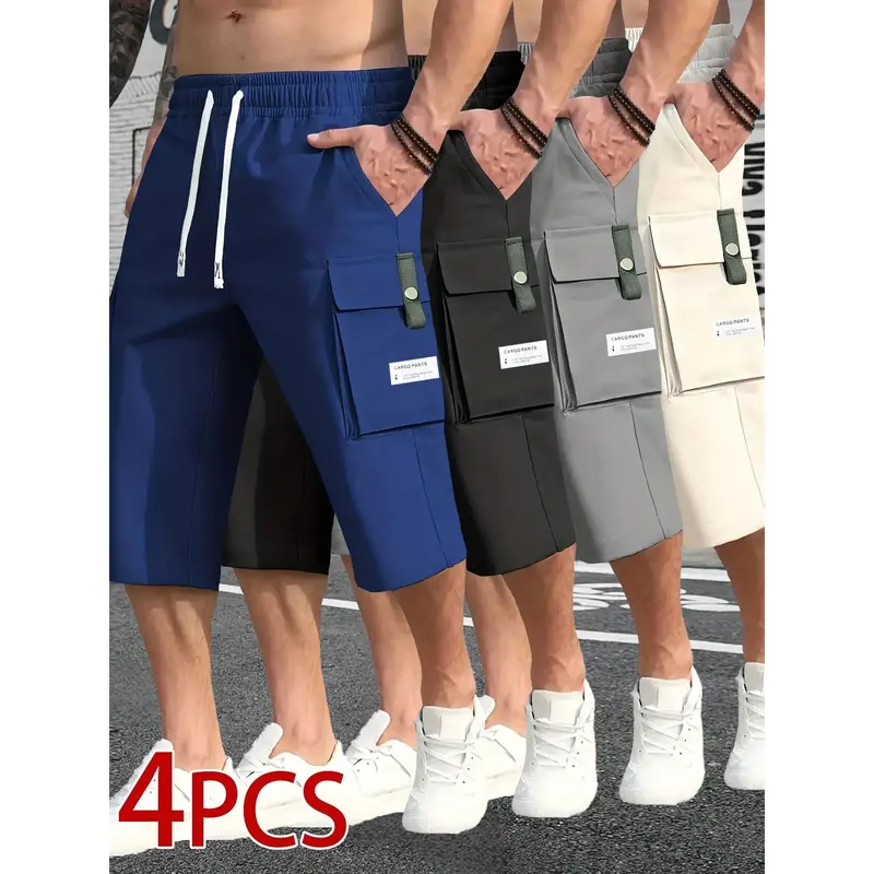 Men's Mid-Waist Sporty Chic Cargo Shorts - Baggy Loose-Fit Letters Print Above-the-Knee Bermuda Shorts with Drawstring, High-Capacity Large Pockets, Hangable Design for Summer Activewear, No Excess Verbosity Menswear Bottoms