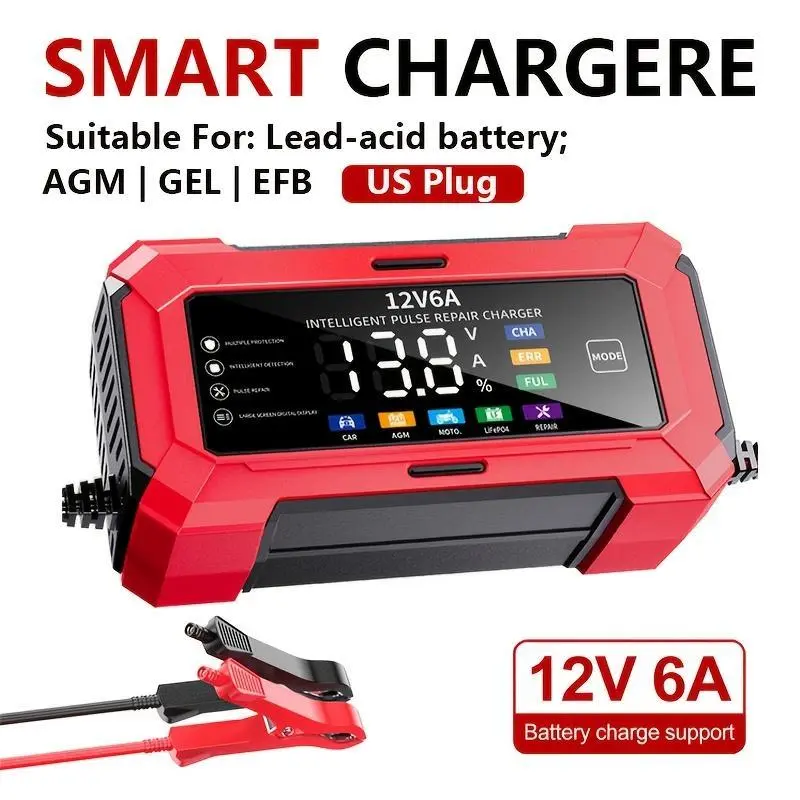 12V 6A Smart Car Battery Charger, Fully Automatic Maintainer with LCD Display & Temperature Compensation, for AGM, Gel, SLA Batteries power tool,FathersDayGift