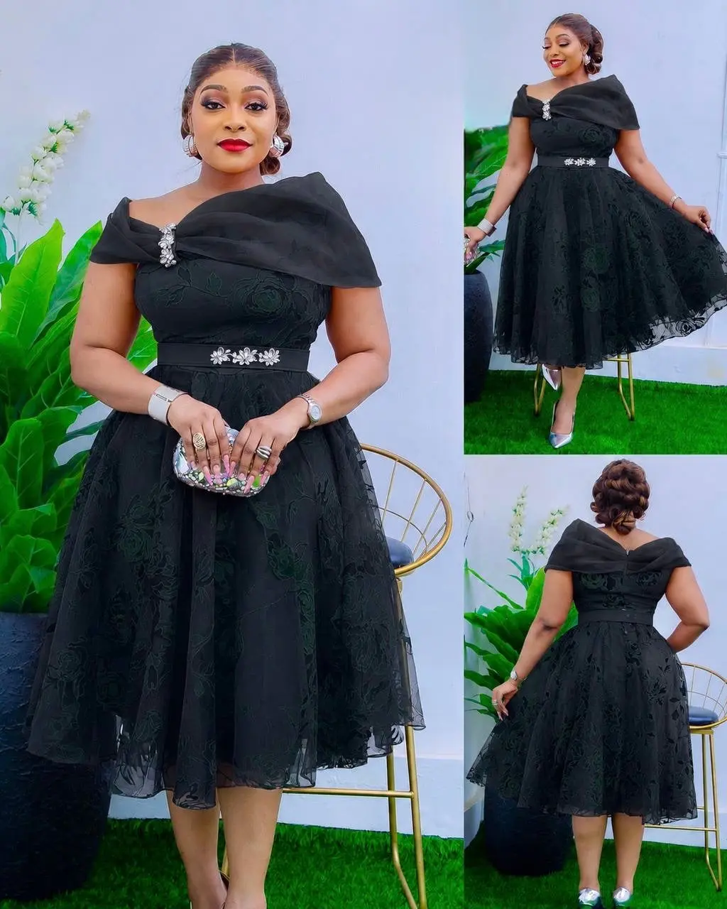 Black Off-Shoulder Rhinestone Twirl Skater Midi Dress Wedding Guest Cocktail Party Dinner Birthday Church Gala Anniversary Tea Party