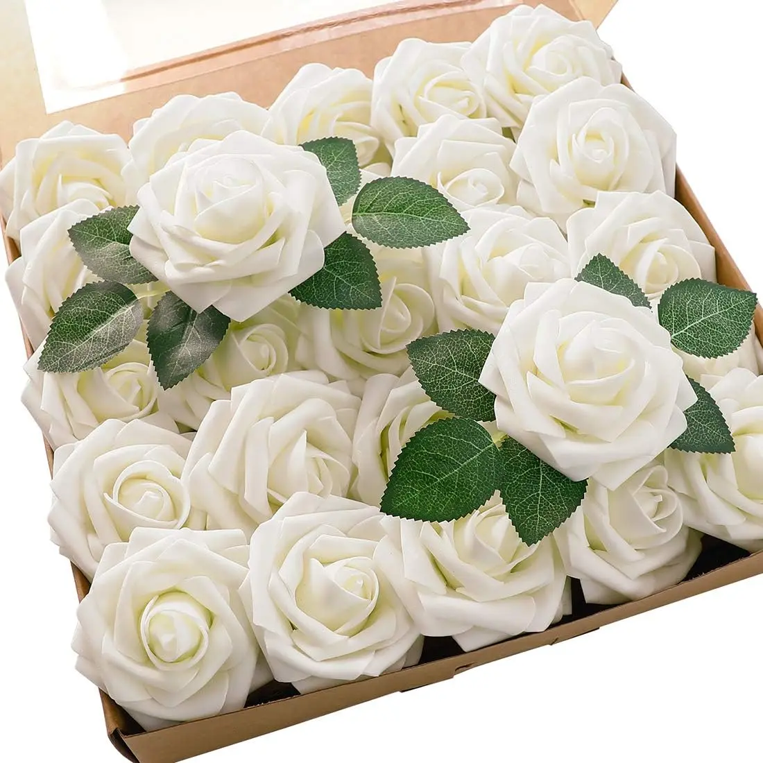 50pcs Decorative Artificial Foam Roses (Ivory, 8.3" Tall Plastic Flowers) with 4 Leaves & Stems, Ideal for Wedding Bouquets & Home Decor, Artificial Flowers, With Leaves