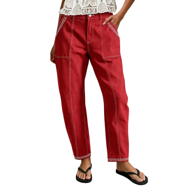 Flamingals Contrast Stitch Mid Rise Barrel Leg Crop Pants Womenswear Stretchy 26.4" Inseam