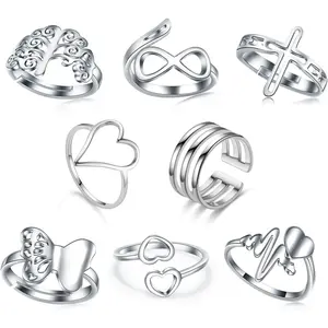 8 Pack Stainless Steel Rings Set for Women Silver Aesthetic Jewelry Rings Adjustable Stackable Rings for Teen Girls Trendy Knuckle Thumb Finger Rings Size 8 9 7 10 Indie rings
