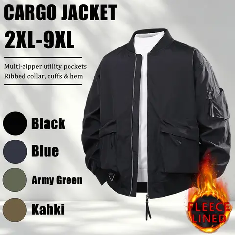 【2XL-9XL】Men’s plus-size workwear jacket for autumn/winter with fleece lining, featuring a relaxed fit with multiple zippered pockets, ribbed cuffs at the collar, sleeves, and hem, suitable for city commuting, outdoor activities, shopping and leisure, sho
