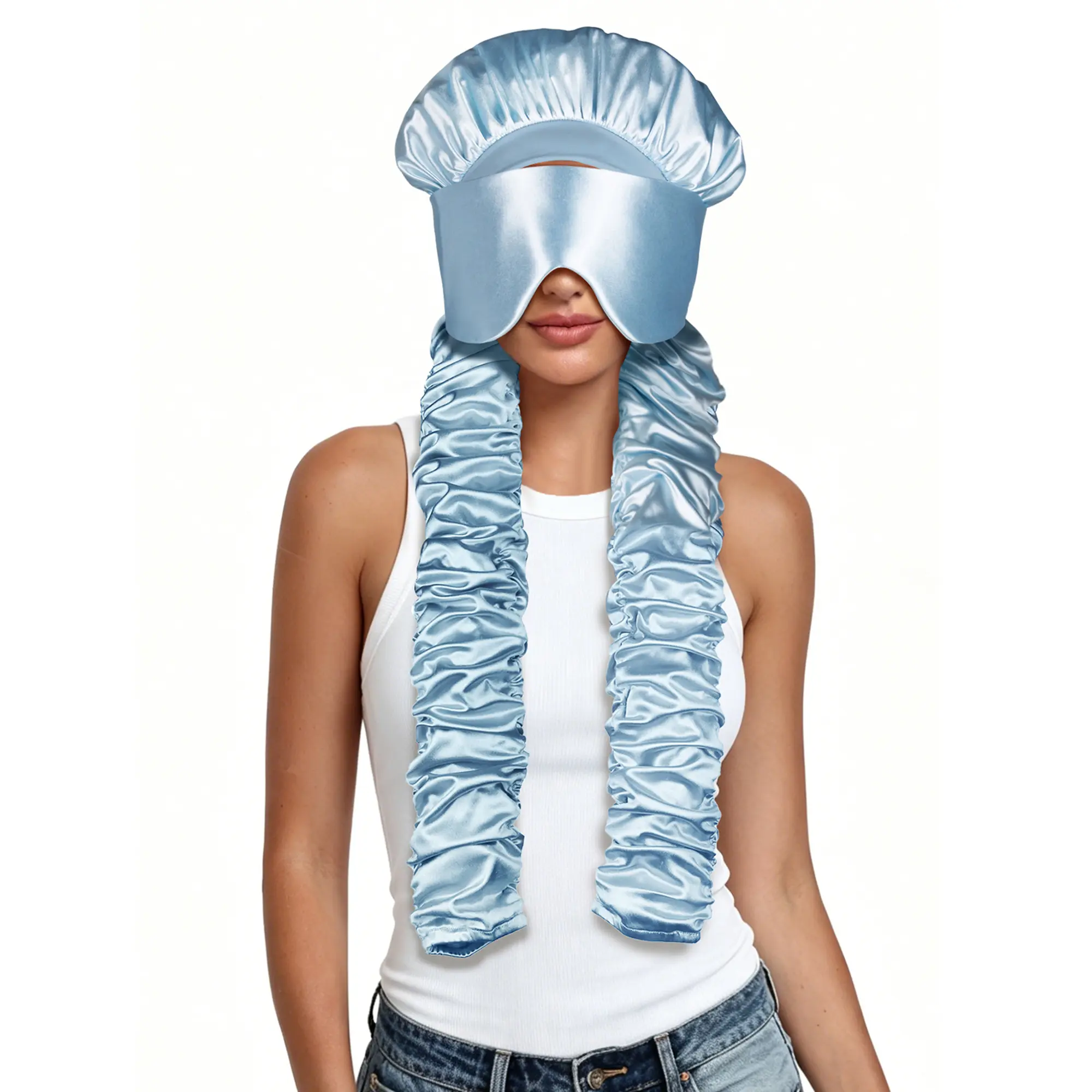 SeSe Code Extra Long Pleated Side Bands Bonnet with Eye Mask Elastic No Slip Hair Care Styling Cap
