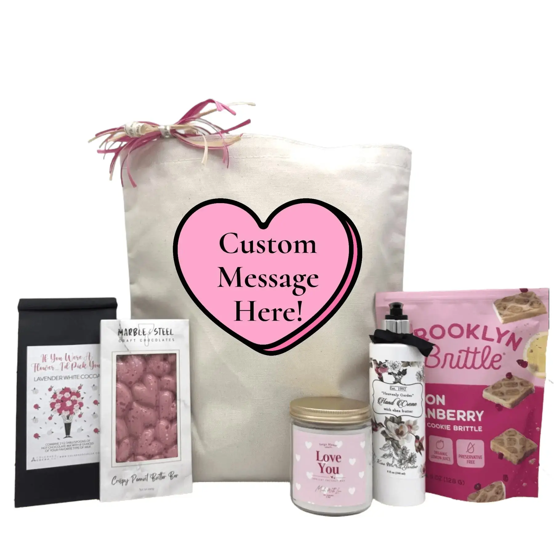 Itsonlynaturalgifts Personalized Pink Candy Heart Gift Basket with Custom Message, Includes Brooklyn Brittle, Lavender White Cocoa, and More