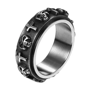 OIDEA Mens Skull Cross Spinner Ring Stainless Steel Vintage Silver Anxiety Fidget Rotating Gothic Punk Biker Halloween Statement Gift Band