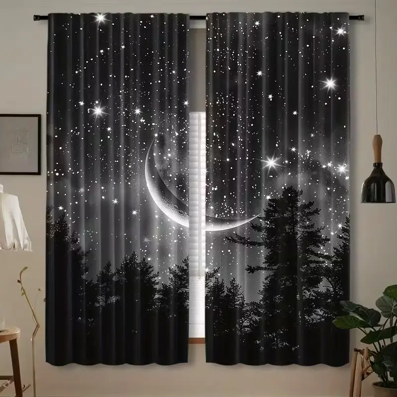 2pcs Forest Starry Moon Night Curtain, Rod Pocket Window, Easy Install Curtain, Home Decorative Curtain, New Moon and Star Design, Perfect for Bedroom Office Kitchen Living Room Study Decor, Interior Decoration Accessories