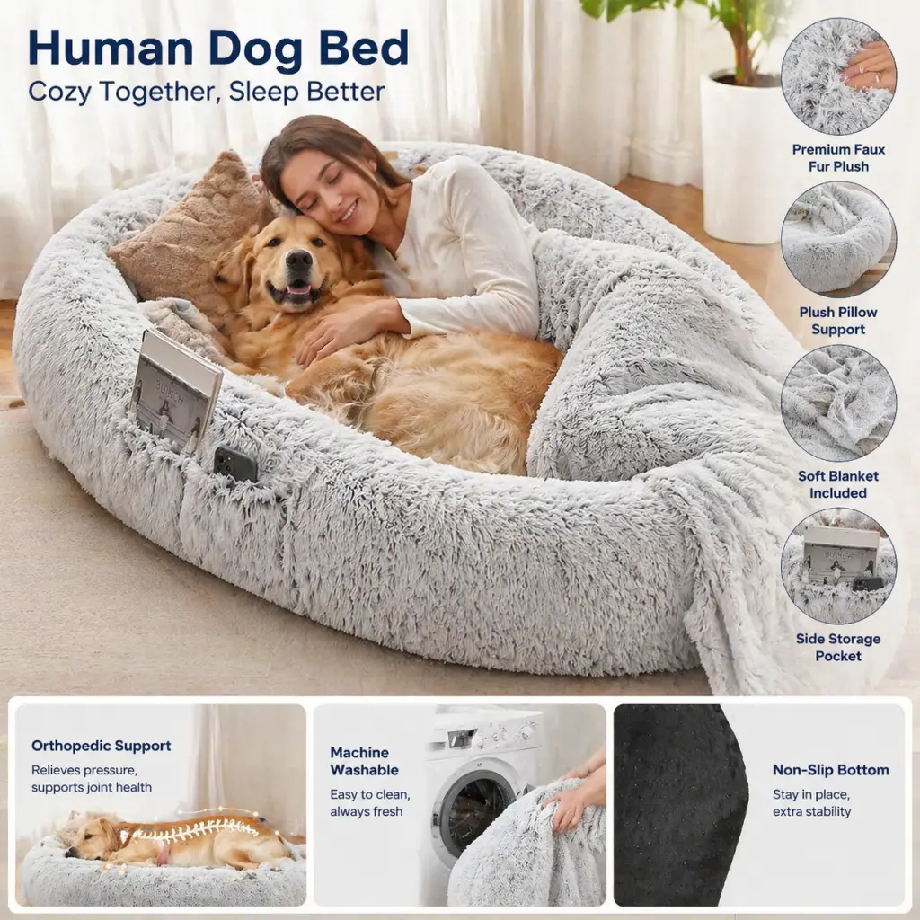 Human Dog Bed, Fits You & Pets, Washable Faux Fur, Orthopedic, Plump Pillow, Blanket, Strap