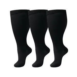 MhzyCaus Plus Size Running Compression Socks for Men & Women – High Elastic Support for Big Calves, Quick-Dry Breathable Nylon Material, Anti-Friction & Anti-Slip Design, Striped Color-Block Style, Perfect for Marathon, Jogging, and Daily Sports Training