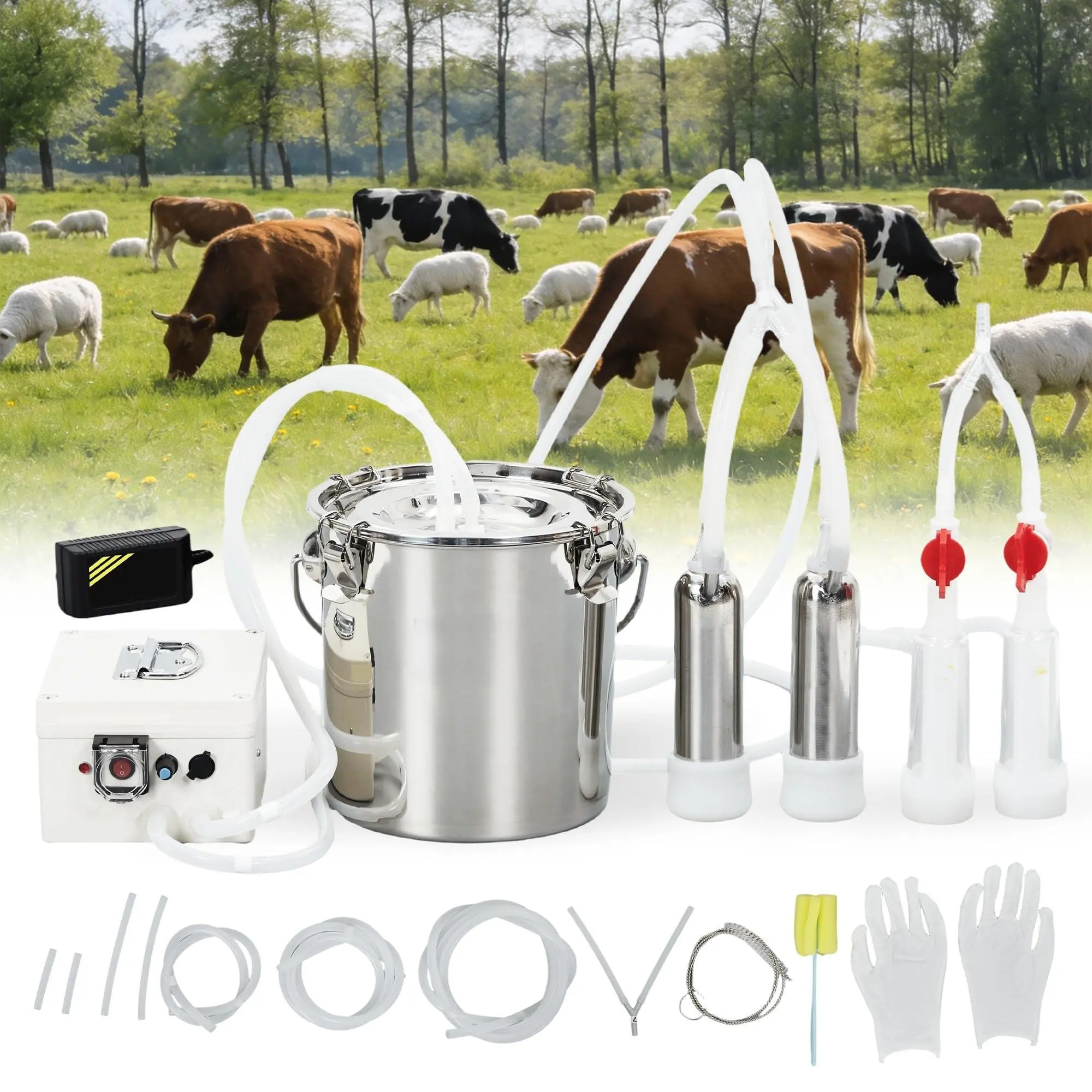6L Electric Automatic Pulsation Vacuum Milking Equipment, Rechargeable Portable Milker with 304 Stainless Steel Bucket, Adjustable Suction, Food-Grade Silicone Cups, Easy Setup Tubes for Cows