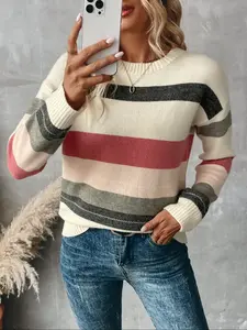 Women's Fall Winter Striped Round Neck Knit Sweater, Multi-Color Patchwork, Soft Skin-Friendly Material, Mother's Day Gift