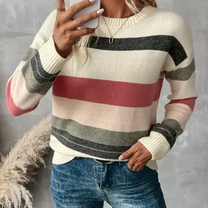 Spring and Autumn Women's Color blocked Wide Stripe Knitted Sweater - Cream Patch Round Neck Long Sleeve Top, Loose Casual Pullover, Suitable for Office and Daily Wearing Knitted