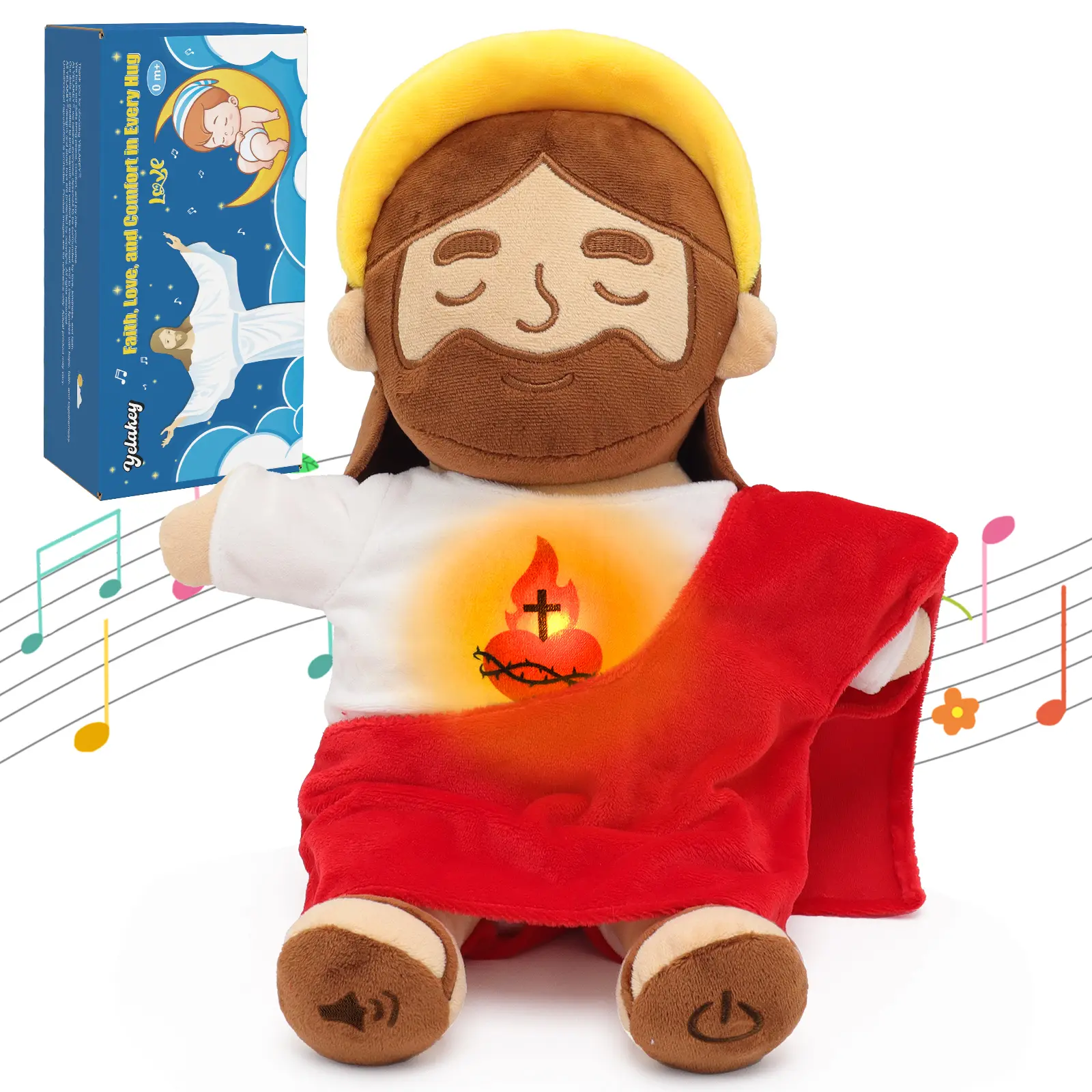 Yelakey Breathing Jesus Plush Toys with Light & Sound, Jesus Stuffed Animal Breathing Plushy Doll, Christian Catholic Religious Plushie Chr