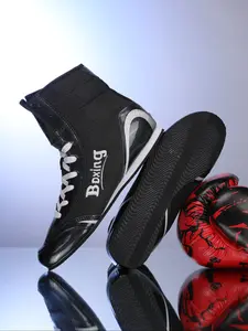 Men's Professional Boxing Shoes, Training Shoes, Sports Training Shoes, Gym Shoes, Anti-Slip Grip, Ankle Support, Breathable Comfort, High-Top Design, Textile Upper, Rubber Sole