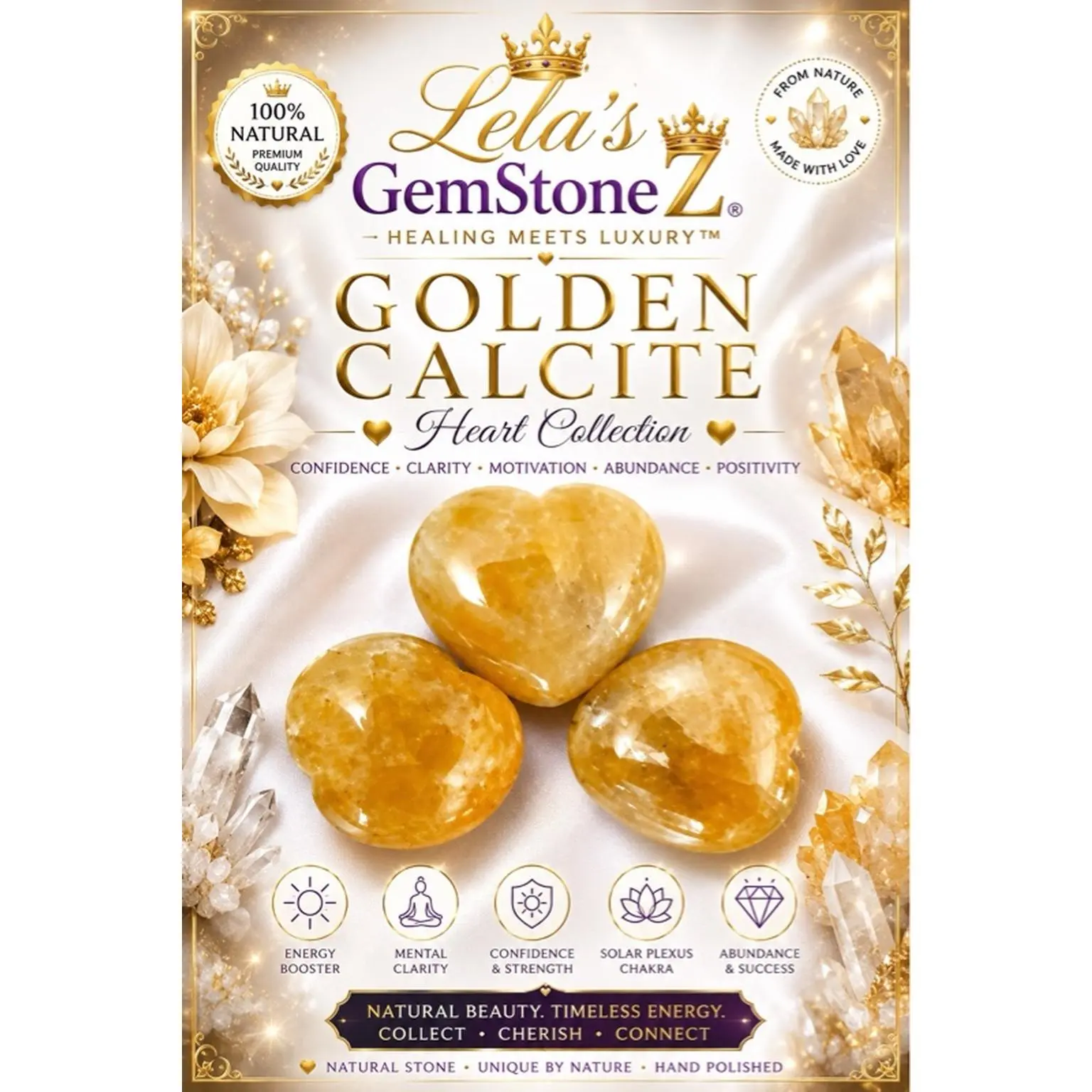Lela's GemStoneZ Natural Golden Calcite Heart Hand-Polished Mirror Finish Ethically Sourced Luxury-=%2= Crystal=%2= Statement Item for Home Room House Decor & Creativity Enthusiasts-Crystal=%2= manual bingo Crystal unique