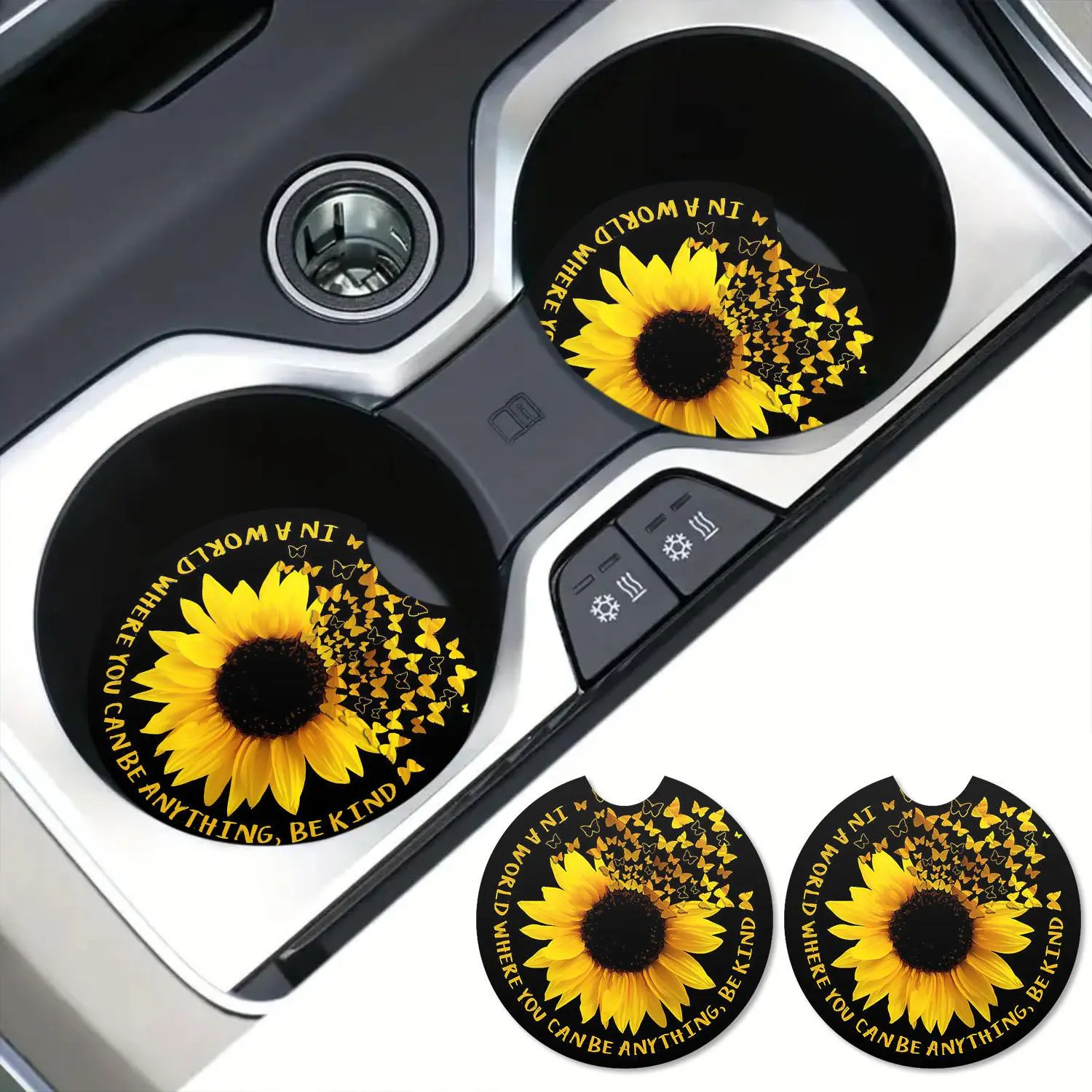 Sunflower Pattern Car Coaster, 1 Pair Round Car Cup Holder Coaster, Non-slip Car Cup Holder Mat, Universal Car Interior Decoration Accessories, Automotive Decorative Accessories