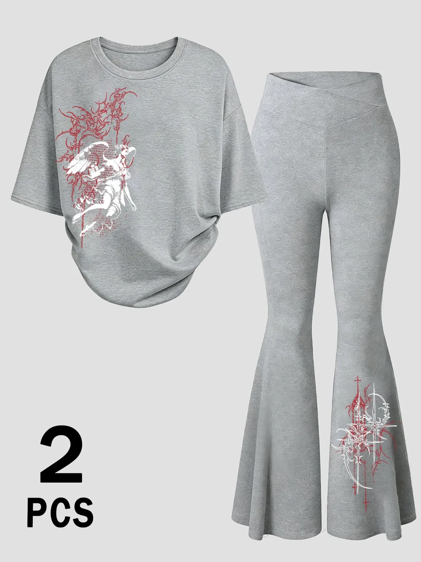 Y2K Gothic Angel Print 2-Piece Set | Oversized Black Tee & Flare Pants | Grunge Punk Aesthetic Outfit for Streetwear & Daily Wear | Trendy Co-ord Set