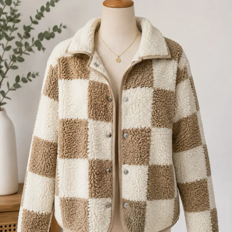 Cozy Khaki & Cream Checkered Sherpa Jacket