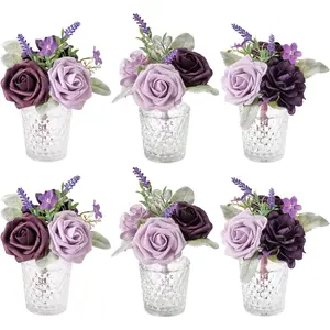 TINGE TIME Wedding Centerpieces Table Decorations, Set of 6, Lavender &amp; Plum Artificial Flowers Wedding Mini Flowers Bouquets Pre-Made Mini Floral for Dessert Desk Home Decor Box Decorative